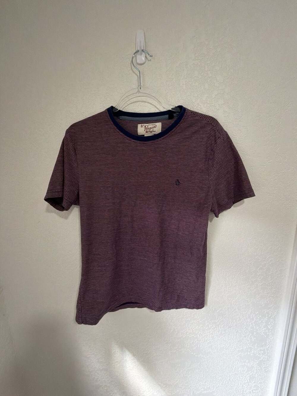 Original Penguin T-Shirt Size M Striped Crew Neck Maroon Blue